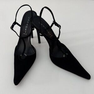 Casadei Black Suede Pointy Toe T-strap Pumps New, Size 9